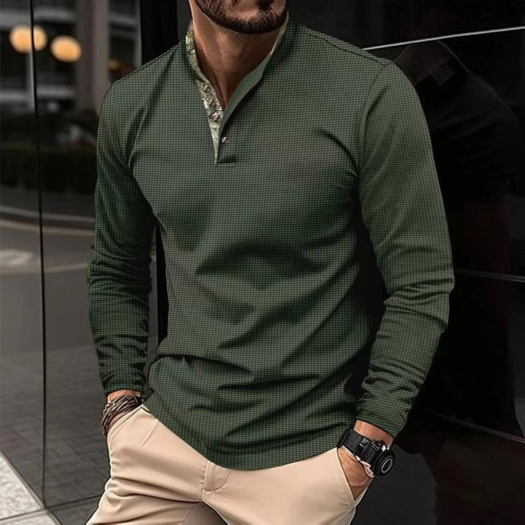 Joris | Stijlvolle longsleeve polo met gekleurde boordkraag in de kleur Legergroen voor heren in Smart-casual stijl geschikt voor alle seizoenen.