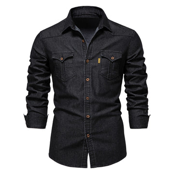 Julian | Casual denim herenoverhemd in de kleur Zwart voor heren in Heritage stijl ideaal voor de herfst.