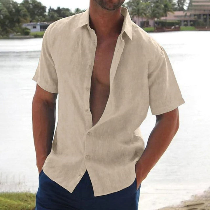 Lars | Linnen casual heren overhemd met korte mouw in de kleur Khaki voor heren in Smart-casual stijl ideaal voor de zomer.