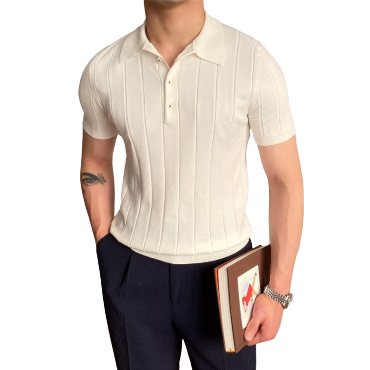 Lars | Ribgebreide katoenen polo in de kleur Wit voor heren in Smart-casual stijl geschikt voor alle seizoenen.