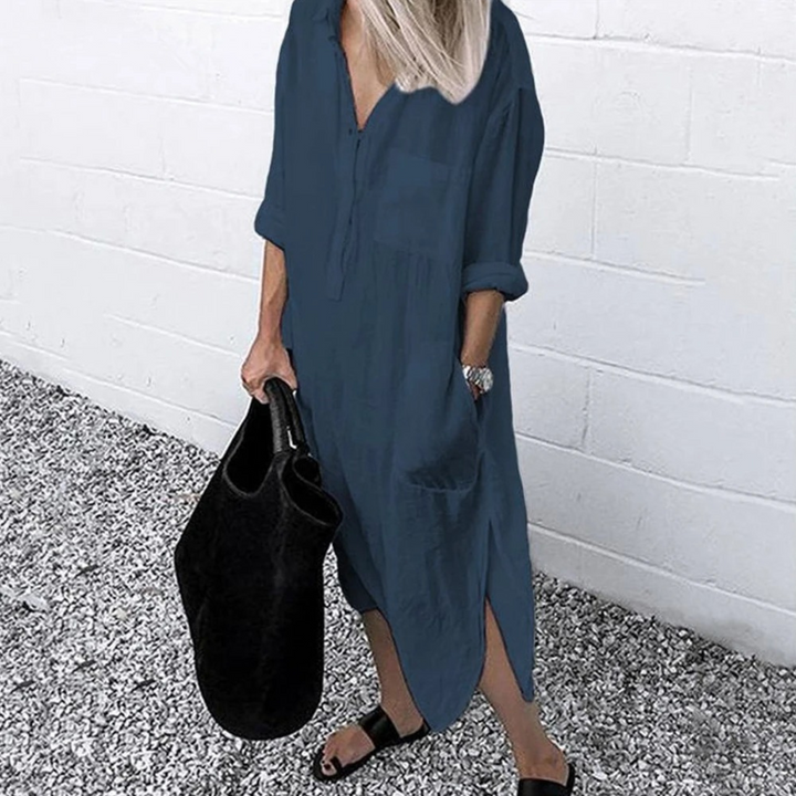 Lotte | Katoenen linnen halflange blouse jurk in de kleur Donkerblauw voor dames in Beach stijl ideaal voor de lente.