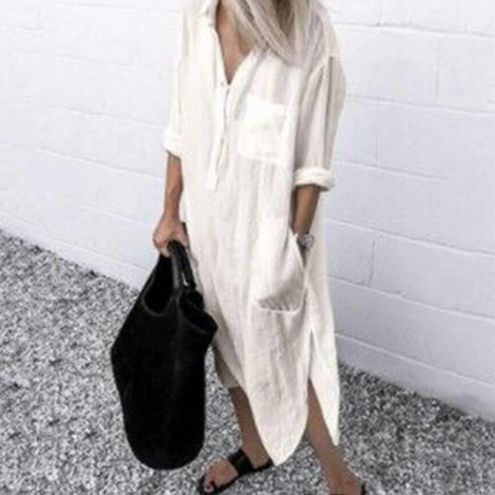Lotte | Katoenen linnen halflange blouse jurk in de kleur Lichtbruin voor dames in Beach stijl ideaal voor de lente.