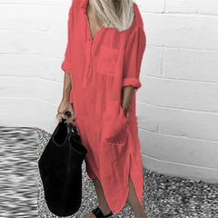 Lotte | Katoenen linnen halflange blouse jurk in de kleur Oranje voor dames in Beach stijl ideaal voor de lente.