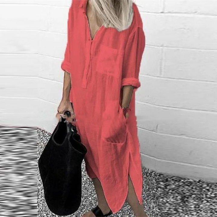 Lotte | Katoenen linnen halflange blouse jurk in de kleur Oranje voor dames in Beach stijl ideaal voor de lente.