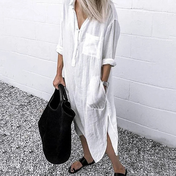 Lotte | Katoenen linnen halflange blouse jurk in de kleur Wit voor dames in Beach stijl ideaal voor de lente.