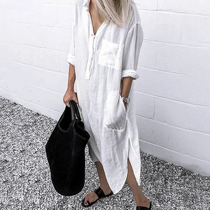 Lotte | Katoenen linnen halflange blouse jurk in de kleur Wit voor dames in Beach stijl ideaal voor de lente.