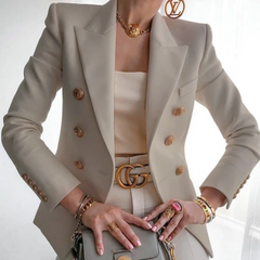 Louise | Comfortabele luxe blazer met knopen van katoen in de kleur Lichtbruin voor dames in Formal stijl geschikt voor alle seizoenen.