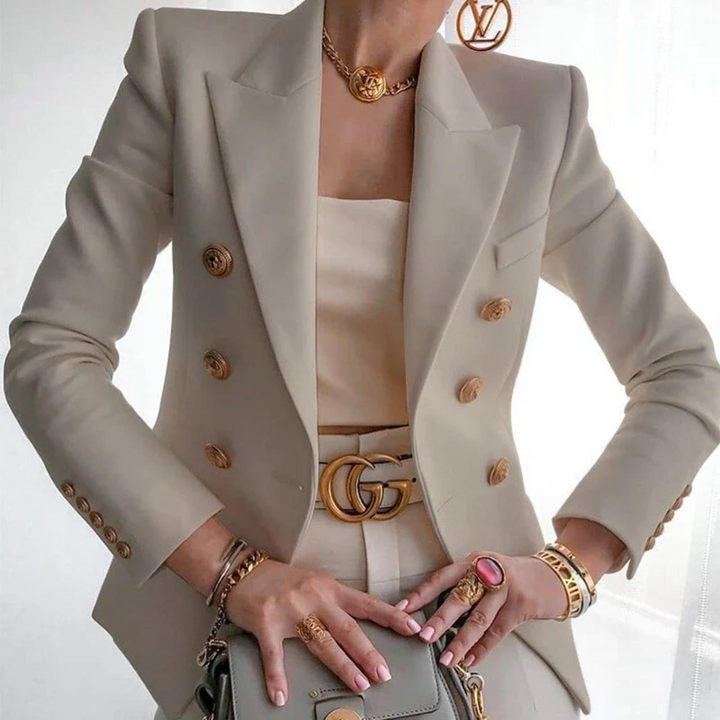 Louise | Comfortabele luxe blazer met knopen van katoen in de kleur Lichtbruin voor dames in Formal stijl geschikt voor alle seizoenen.