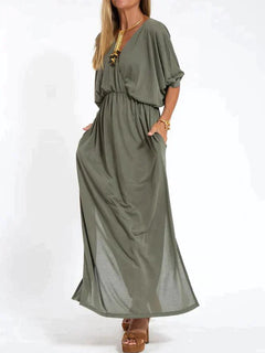 Nina | Zwarte elegante maxi-jurk in de kleur Legergroen voor dames in stijl ideaal voor de herfst.