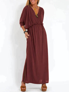 Nina | Zwarte elegante maxi-jurk in de kleur Wijnrood voor dames in stijl ideaal voor de herfst.