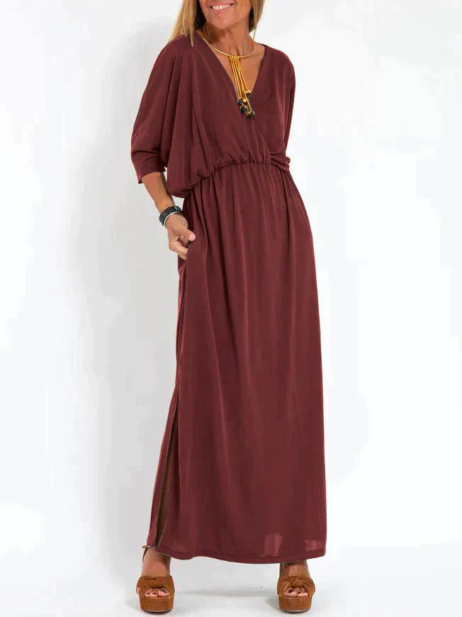 Nina | Zwarte elegante maxi-jurk in de kleur Wijnrood voor dames in stijl ideaal voor de herfst.