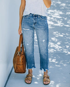 Korte rechte jeans met scheuren in de pijpen in de kleur Blauw voor dames in stijl ideaal voor de lente.