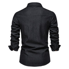 Martin | Elastisch katoenen denim overhemd in de kleur Zwart voor heren in Heritage stijl geschikt voor alle seizoenen.