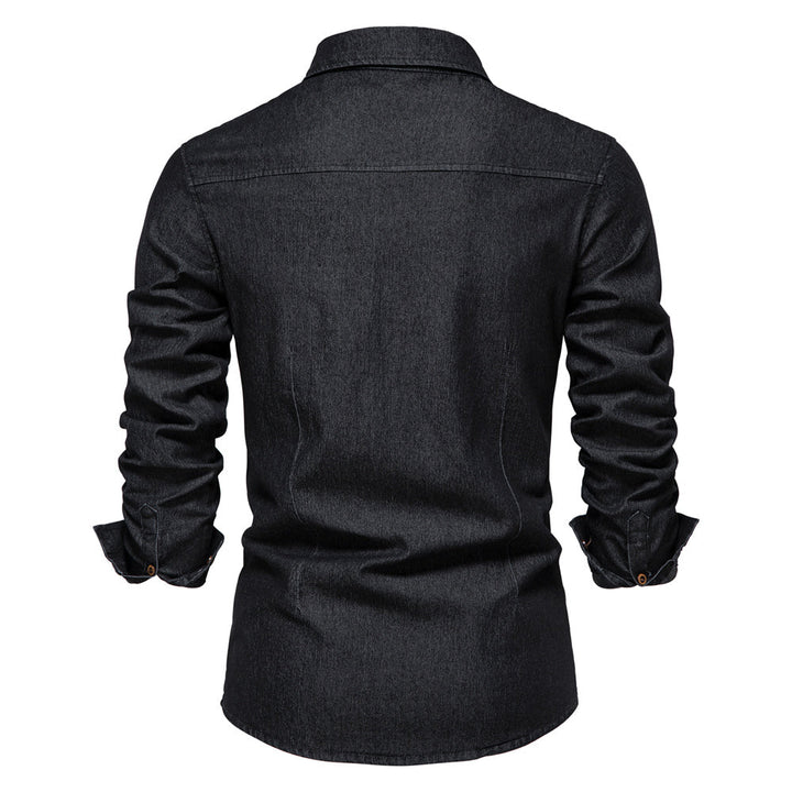 Martin | Elastisch katoenen denim overhemd in de kleur Zwart voor heren in Heritage stijl geschikt voor alle seizoenen.