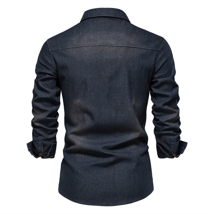 Martin | Elastisch katoenen denim overhemd in de kleur Zwart voor heren in Heritage stijl geschikt voor alle seizoenen.