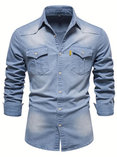 Martin | Elastisch katoenen denim overhemd in de kleur Lichtblauw voor heren in Heritage stijl geschikt voor alle seizoenen.