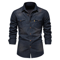 Martin | Elastisch katoenen denim overhemd in de kleur Marineblauw voor heren in Heritage stijl geschikt voor alle seizoenen.