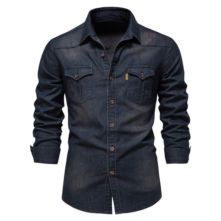 Martin | Elastisch katoenen denim overhemd in de kleur Marineblauw voor heren in Heritage stijl geschikt voor alle seizoenen.