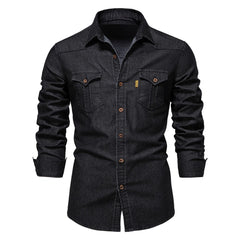 Martin | Elastisch katoenen denim overhemd in de kleur Zwart voor heren in Heritage stijl geschikt voor alle seizoenen.