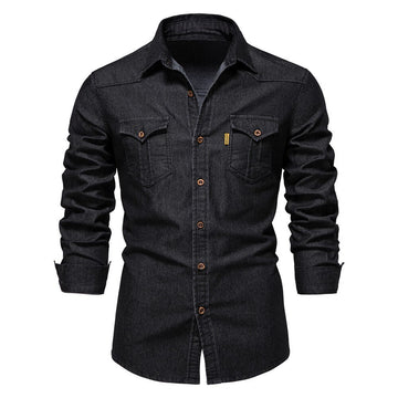 Martin | Elastisch katoenen denim overhemd in de kleur Zwart voor heren in Heritage stijl geschikt voor alle seizoenen.