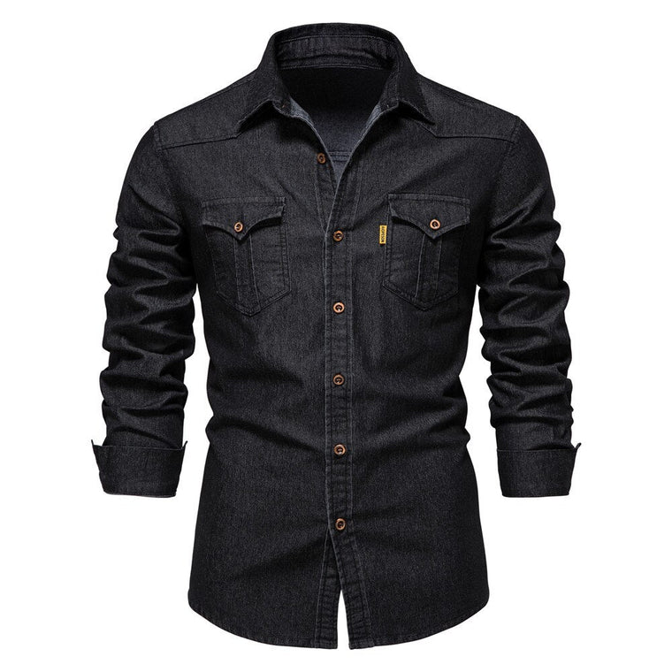 Martin | Elastisch katoenen denim overhemd in de kleur Zwart voor heren in Heritage stijl geschikt voor alle seizoenen.